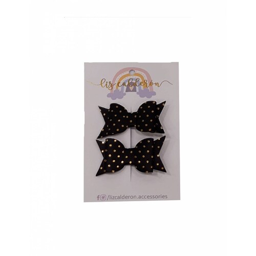 Mini Moños Para Cabello Negro Puntos Dor