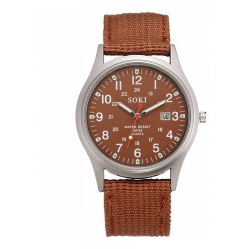 Reloj Militar Acero Lona Cuarzo Marca Soki Color Café