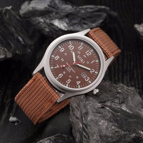 Reloj Militar Acero Lona Cuarzo Marca Soki Color Café
