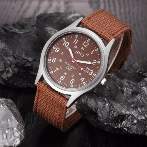 Reloj Militar Acero Lona Cuarzo Marca Soki Color Café