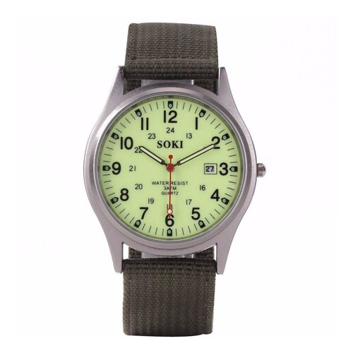 Reloj Militar Acero Lona Cuarzo Marca Soki Verde Luminoso