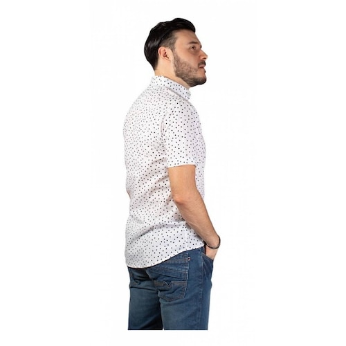 Camisa Manga Corta Hombre Slim Fit Blanca Y Puntos Negros