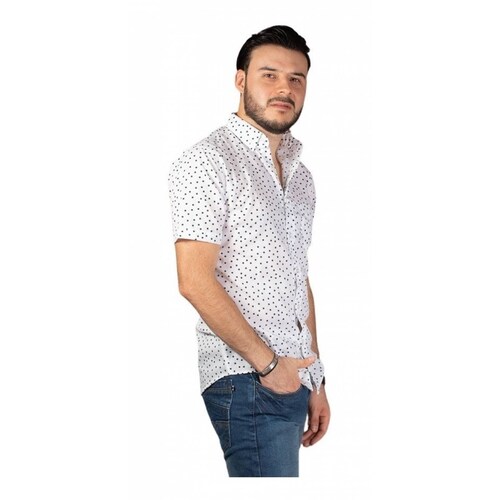 Camisa Manga Corta Hombre Slim Fit Blanca Y Puntos Negros