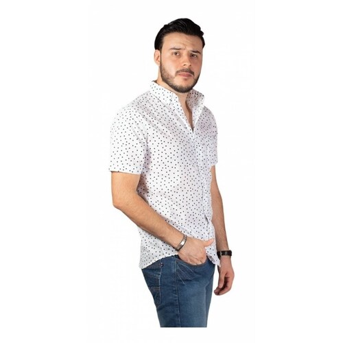 Camisa Manga Corta Hombre Slim Fit Blanca Y Puntos Negros