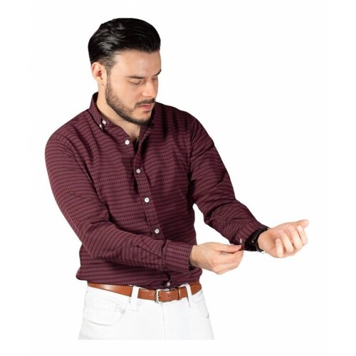 Camisa Hombre Slim Fit Mangas Largas Color Bordó Y Morado