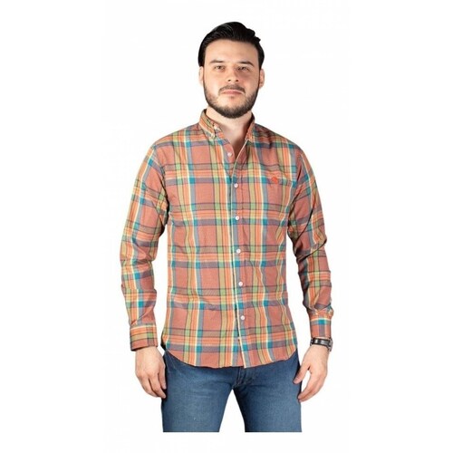 Camisa A Cuadros Hombre Slim Fit Color Ladrillo Y Azul