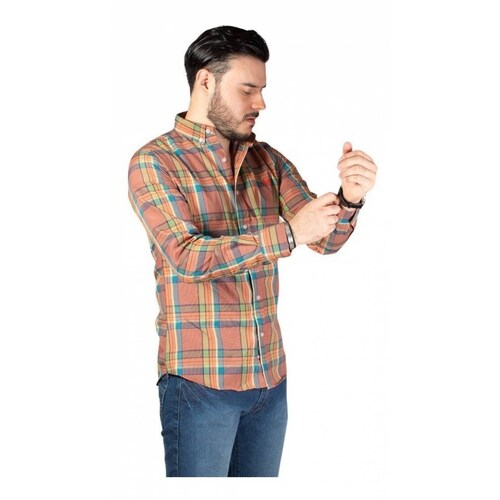 Camisa A Cuadros Hombre Slim Fit Color Ladrillo Y Azul