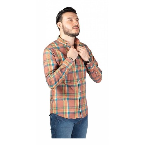 Camisa A Cuadros Hombre Slim Fit Color Ladrillo Y Azul