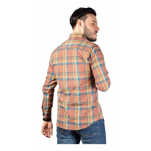 Camisa A Cuadros Hombre Slim Fit Color Ladrillo Y Azul