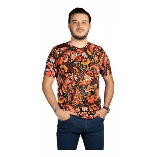 Playera Hombre Flores Y Hojas Naranja Vino Rojo Amarillo