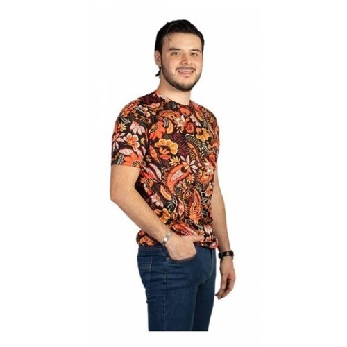 Playera Hombre Flores Y Hojas Naranja Vino Rojo Amarillo