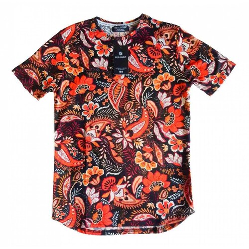 Playera Hombre Flores Y Hojas Naranja Vino Rojo Amarillo