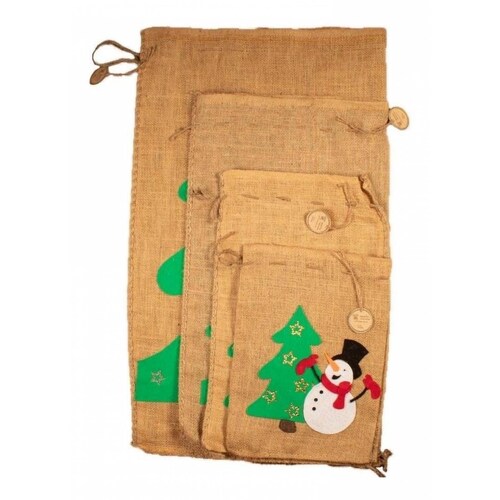 4 Costales Navideños Yute Tamaño Chico Modelo Pino Navideño
