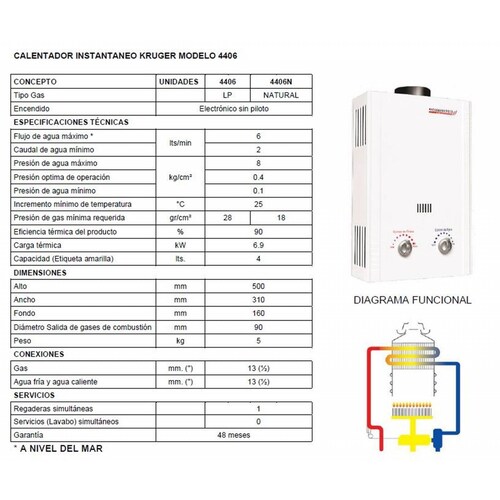Calentador Boiler Instantáneo 6 Lts Gas Natural Krüger 