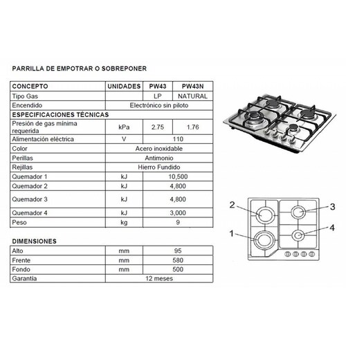 Parrilla Empotrable con 4 Quemadores Gas LP Krüger 