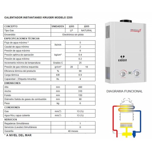 Calentador Boiler Instantáneo 5 Lts Gas Natural Krüger 