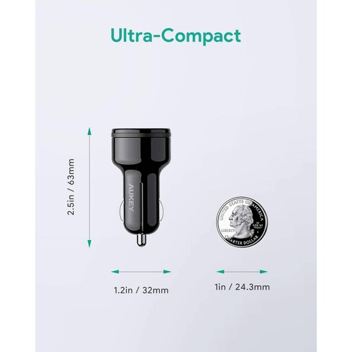 Aukey Cargador de auto de 2 puertos 1 USB A 1 USB C 36W