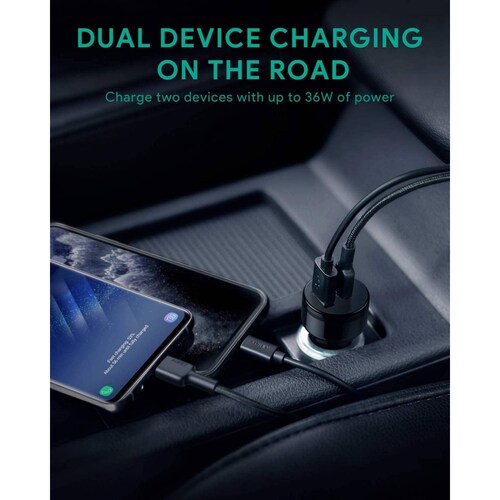Aukey Cargador de auto de 2 puertos 1 USB A 1 USB C 36W