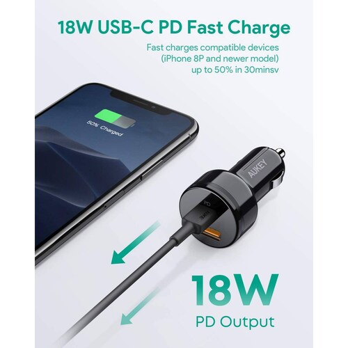 Aukey Cargador de auto de 2 puertos 1 USB A 1 USB C 36W