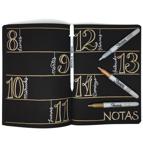 Libreta de hojas Negras Shine con Marcadores Sharpie metálicos y Plumas de Gel Blancas Gelly Roll 
