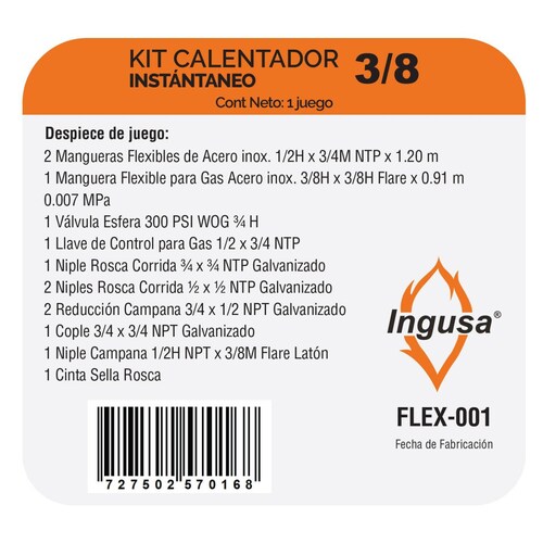 Kit de instalación calentador instantáneo 1/2 agua 3/8 gas 