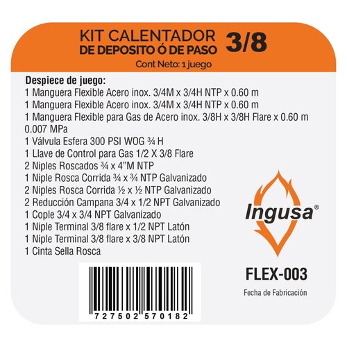 Kit de instalacion calentador deposito paso 3/4 agua 3/8 gas 