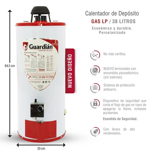 Boiler deposito gas lp 40l 1.5 servicios encendido piezoeléctrico guardian 