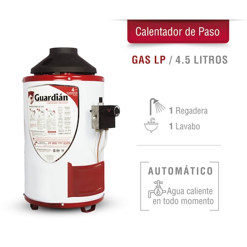 BOILER DE PASO GAS LP 4.5L 1.5 SERVICIOS SOPORTE PARED GUARDIAN 