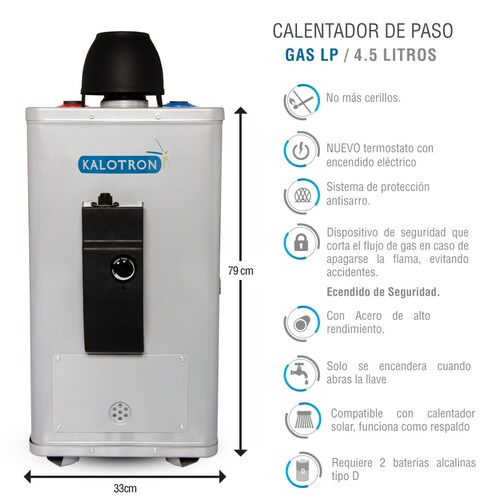 Boiler de paso gas lp 4.5l 1.5 servicios encendido electrico kalotron 