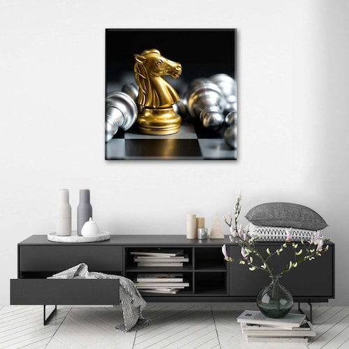 Cuadro Decorativo Canvas Ajedrez caballo de oro 130x130