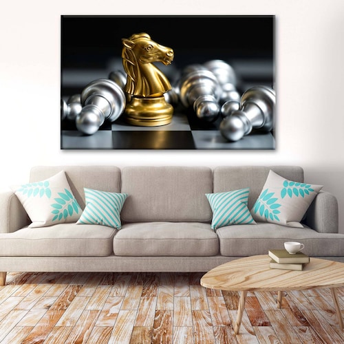 Cuadro Decorativo Canvas Ajedrez caballo de oro 105x70
