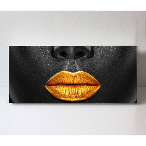 Cuadro Decorativo Canvas Maquillaje labial dorado 90x30