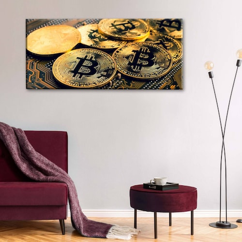 Cuadro Decorativo Canvas Bitcoin dorado 210x70