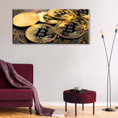 Cuadro Decorativo Canvas Bitcoin dorado 210x70