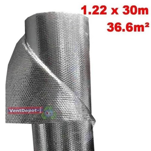 Aislante de Foil de Aluminio, MXBLH-006-3, 1.22x30m, 3mm, -51 a 82C, Metalizado 0.1mm, Micro Celdas 3mm, Metalizado 0.1mm, Burbuja 3/16mm, Metalizado., BubbleTherm