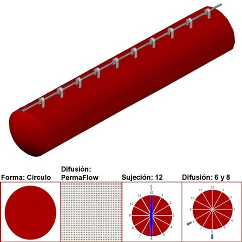 Difusiones de Ductos Textiles MXAHS-0399 10" Diámetro 1459 a 2189m3hr Difusión PermaFlow Rojo Oscuro Sujeción 12 Difusión 6 y 8 Longitud 1 m, AirRegularPerma