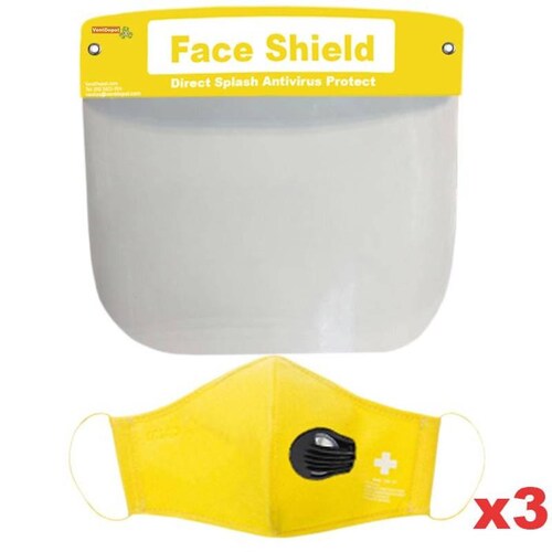 Venta de Caretas a Mayoreo MXKAR-051 Kit 3 pzs Careta y Cubrebocas 1 Válvula Yellow Amarillo Non Woven Lavable, MaskPlash Air