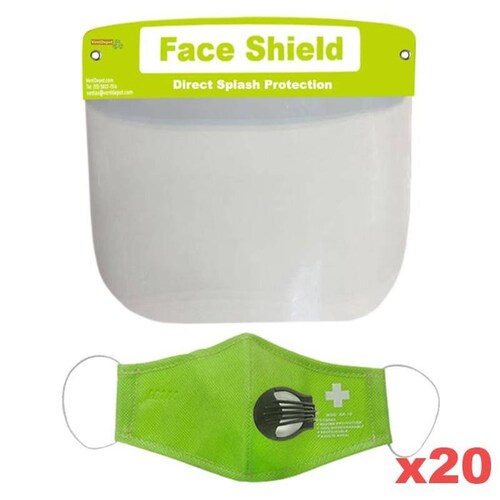 Venta de Cubrebocas con Filtro MXSKA-014 Kit 20 Pzs Careta y Cubreboca 1 Válvula Verde Green Non Woven Lavable, SafeMask Air