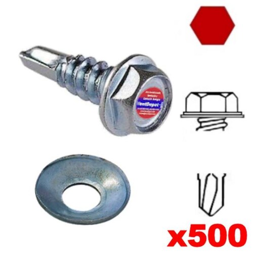 Pija con Rondana Galvanizada, MXCWH-033, 500Pzas, #14, 6,3mm Diámetro, Long:3", Dado 1/4", Cabeza Hexagonal, con Rondana Cónica Galvanizada, Punta: Broca, ConicalWasher