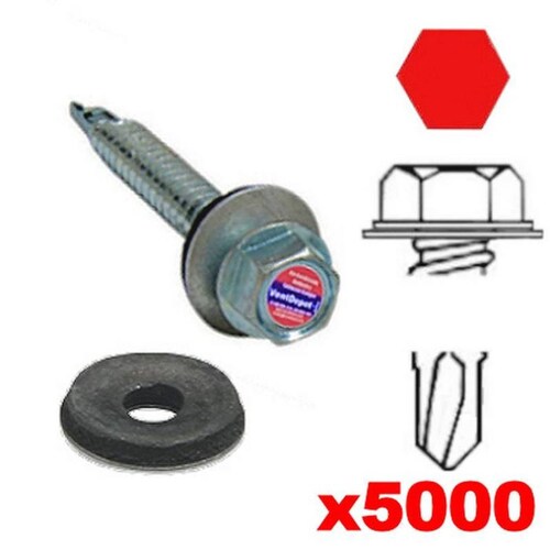 Pijas Autotaladrantes Hule Rondana, MXVWR-071, 5000Pzas, #14, 6,3mm Diámetro, Long:3/4", Dado 1/2", Cabeza Hexagonal, con Rondana Vulcanizada Sellada, Punta: Broca, VulcanizedWasher