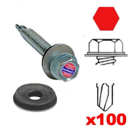 Pijas Punta Broca Metal con Rondana, MXVWR-098, 100Pzas, #14, 6,3mm Diámetro, Long:3", Dado 1,3/8", Cabeza Hexagonal, con Rondana Vulcanizada Sellada, Punta: Broca, VulcanizedWasher