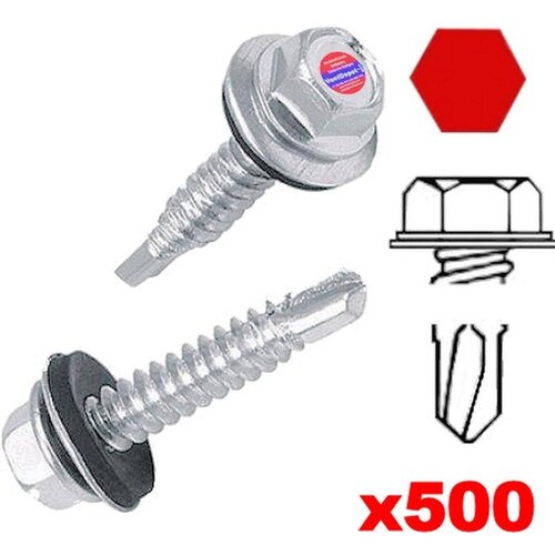  Pijas Cabeza Hexagonal con Rondana, MXWSX-009, 500Pzas, #14, 6.3mm Diámetro, Long:1", Dado 1", Cabeza Hexagonal, con Rondana de Neopreno, Punta: Broca, WasherHex