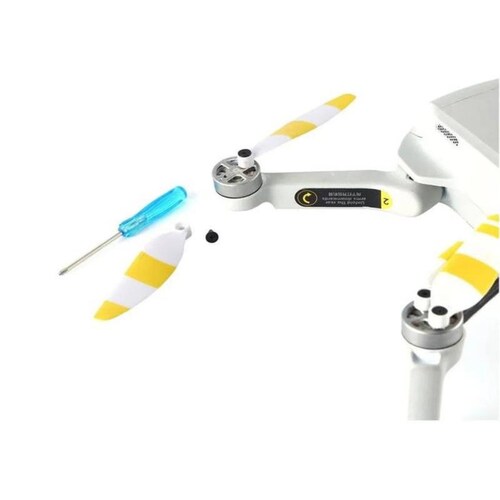 Modelos de Hélices para Dron, MXHMI-002-9, 8 Hélices, Blanco con Amarillo, Mavic Mini /2/SE, 12 Tornillos, 1 Destornillador, MiniProp