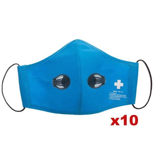 Mascarilla Antiviral con Válvulas MXWPR-49 10 Pzs Sky Blue Azul Cielo 2 válvulas Lavable Non Woven 3 capas, WhiteCross Pro