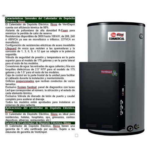 Calentador Electrico Tiendas MXRNN-002 189L 5 Serv, 240V1F60Hz 50A 12kW Rhinno