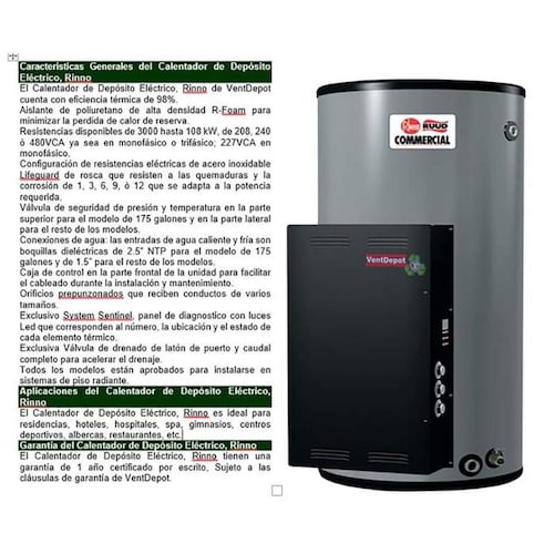 Calentador de Deposito Casas MXRNN-022 454L 11 Serv, 240V1F60Hz 75A 18kW Rhinno