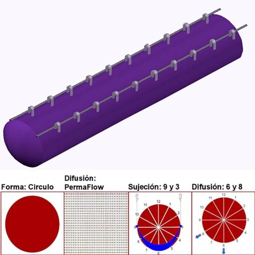 Ductos Textiles y Difusiones MXAHS-2445 38" Diámetro 21073 a 31609m3hr Difusión PermaFlow Morado Sujeción 9 y 3 Difusión 6 y 8 Longitud 1 m, AirRegularPerma