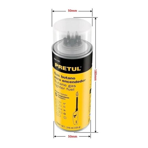 Lata de Gas Propano para Encendedor MXBTG-005-3 5 Pzs Amarillo Cont, 216ml 125g Recargar uo Rellenar Encendedores, ButaneGas-125