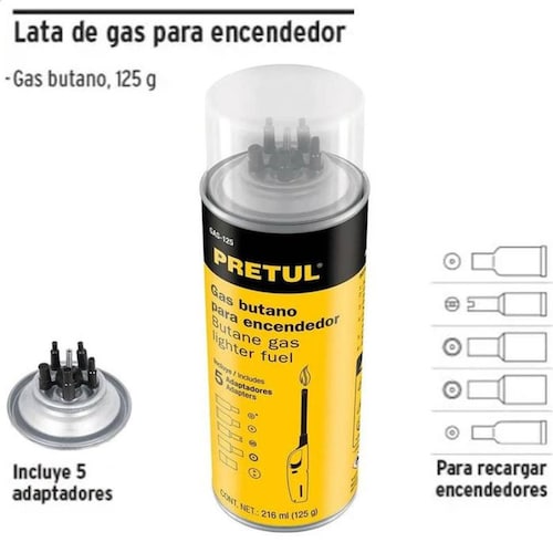Lata de Gas Propano para Encendedor MXBTG-005-3 5 Pzs Amarillo Cont, 216ml 125g Recargar uo Rellenar Encendedores, ButaneGas-125