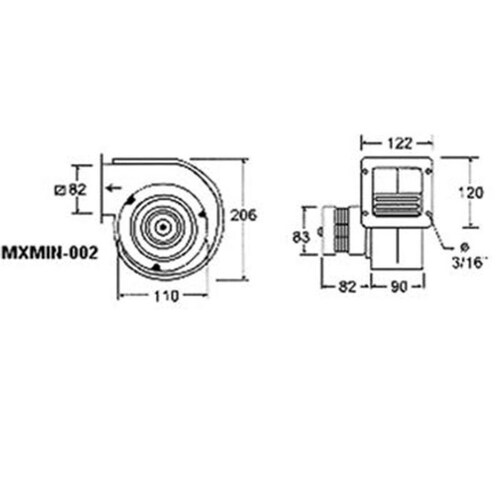  Extractor de Aire Chico, MXMIN-002-5, Rotor Jaula Ardilla 5" Diámetro, 306m3/hr, 1550RPM, 127V, 0.50A, 1/30HP, 60Hz, 48dB., MiniBlower